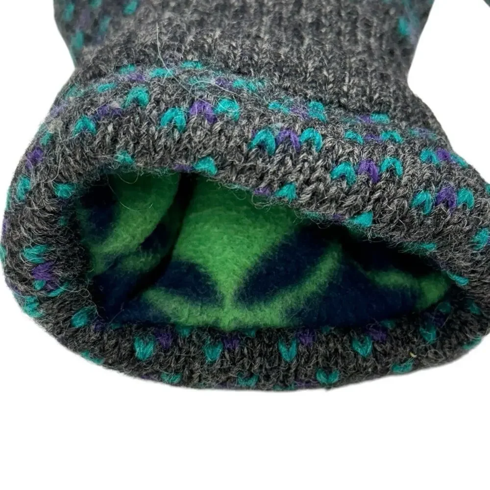 Fleece lined wool mittens, gray/ aquamarine blue combination winter mittens M/L